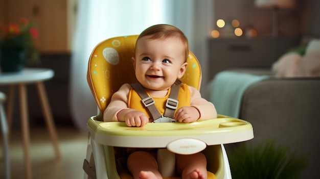 verticaal portret van een schattig klein kind zittend op een kinderstoel gegenereerd door AI