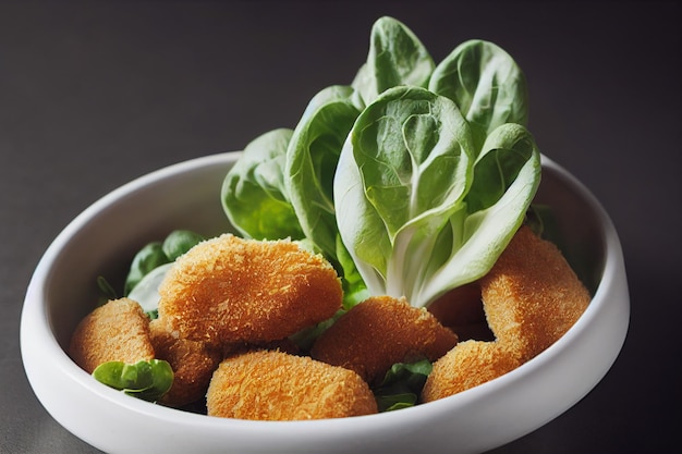 Verticaal schot van Delicious Chicken nugget met verse groenten en saus 3d geïllustreerd