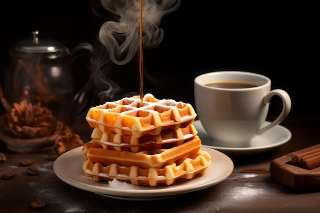 Verticaal schot van warme koffie met wafels