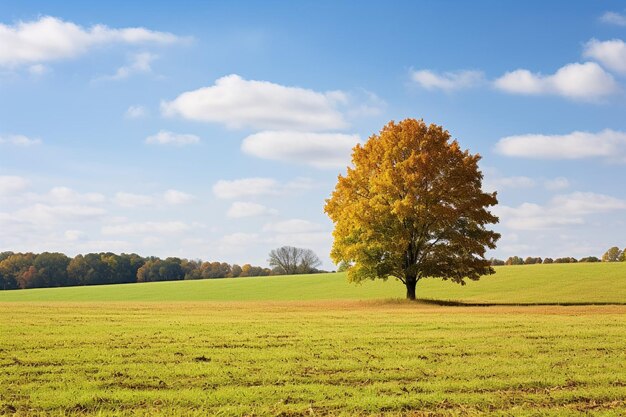 Foto verticaal van een groene boom in het midden van een veld tijdens de herfst