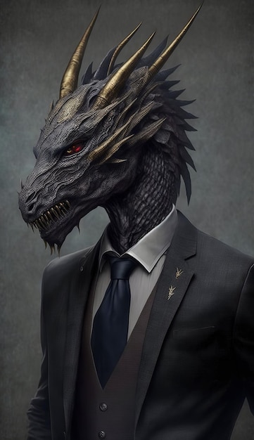 Vertical AI generated illustration of a realistic dragon character wearing a businessman costume