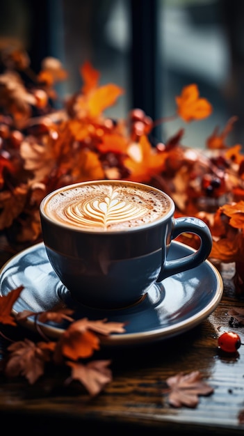 Vertical autumn banner with a cup of coffee on a wooden table
