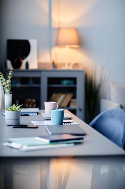 Vertical background image of modern home interior with workplace in dark blue colors