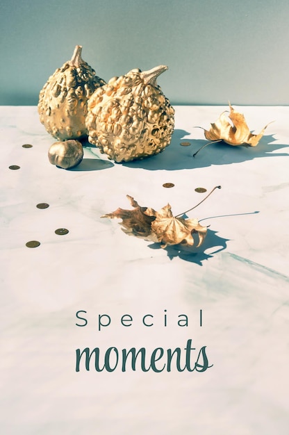 Vertical background for social media stories Autumn Fall natural decor gilded golden pumpkins and shiny dry leaves Fall decorations text Special moments