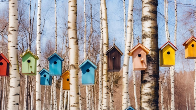 多くのカラフルな木製の鳥の家を持つ垂直の背景