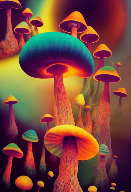 Vertical banner Groups of decorative trippy style mushroomsRetro poster with psychedelic landscapes vintage prints isolated Copy space groovy banners from the 70s