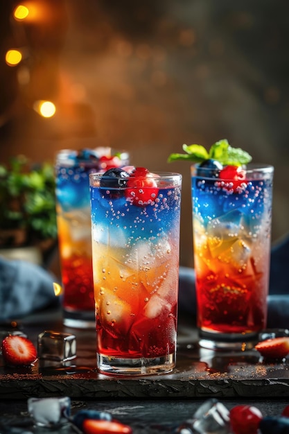 vertical banner National Foundation Day Korea berry alcoholic cocktail with ice decorated in the colors of the flag of Korea