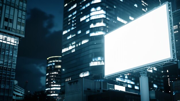 Foto pubblicità verticale su cartelloni pubblicitari nella città notturna il cielo brilla dall'illuminazione al neon generativa ai