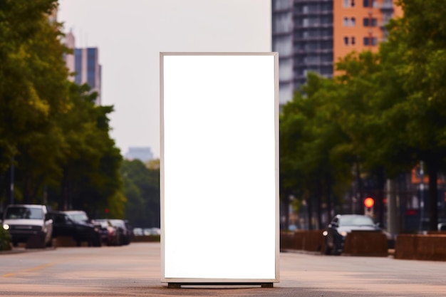 Vertical billboard standing on the street in the city Layout of a white billboard