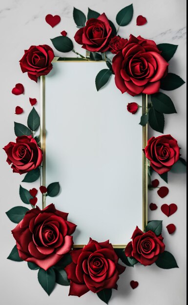 バレンタインデーに赤いバラを飾った垂直の白いフレーム