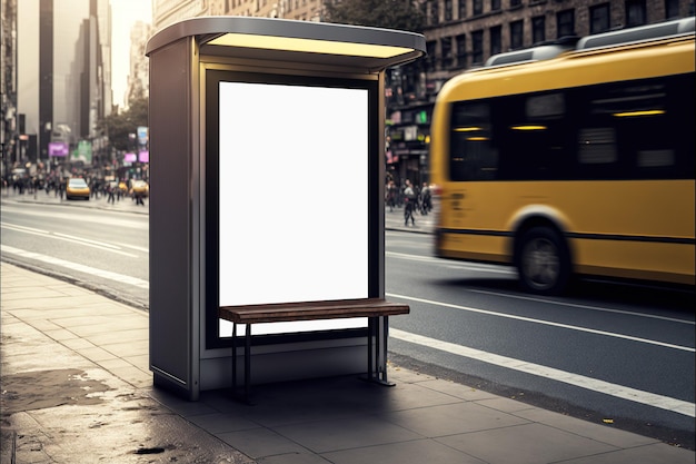 Vertical blank white billboard at a bus stop on city street , Generative ai