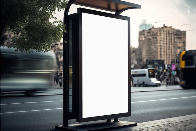 Vertical blank white billboard at a bus stop on city street , Generative ai