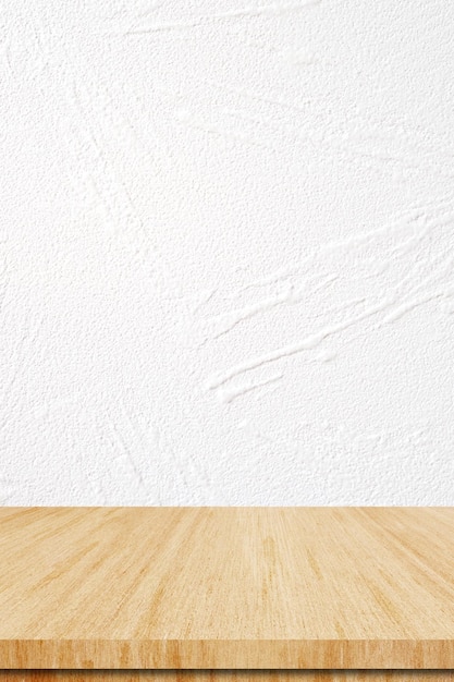 Photo vertical brown wood table and white cement wall background