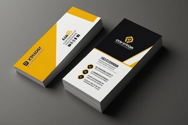 会社のロゴが付いたバーティカル・ビジネス・カードのプリント・テンプレート 黒と黄色の色