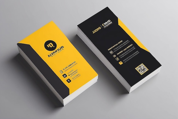 Photo vertical business card print template personal business card with company logo black and yellow colors