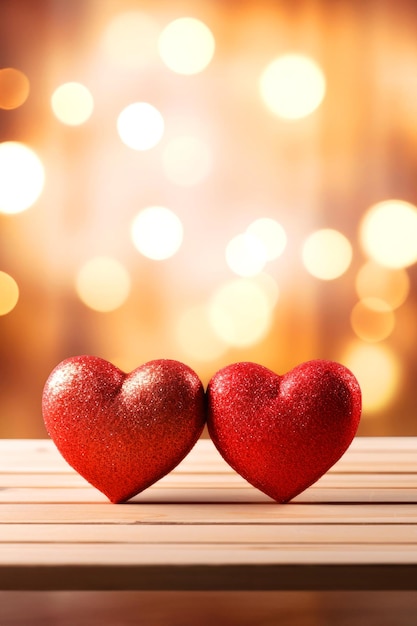 Vertical card with two red hearts and blurred background with golden bokeh copy space for text