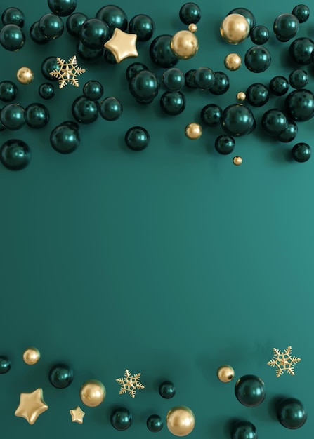 Vertical Christmas background with space for text featuring a sophisticated array of teal and gold baubles with golden snowflakes and stars on a deep teal surface perfect for festive designs 3D