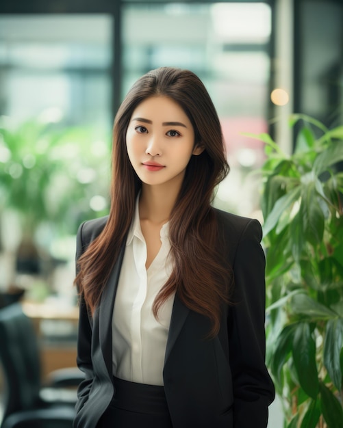 Vertical close up of a Japanese businesswoman with her workspace on the background