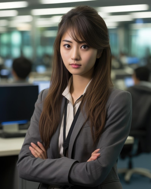 Vertical close up of a Japanese businesswoman with her workspace on the background