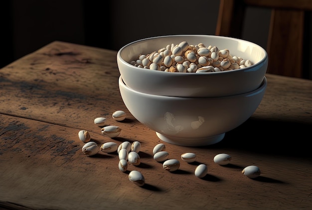 Vertical close up of a little white bowl of peanuts on a wooden table
