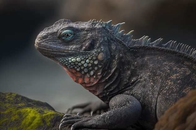 ガラパゴス諸島の岩の上のウミイグアナの垂直クローズ アップ