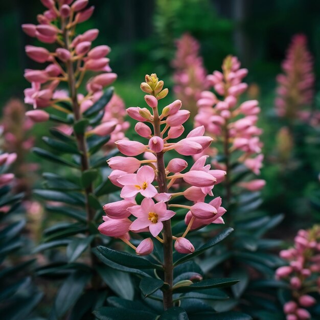 Photo vertical closeup of beautiful cute daphnes growing in the middle of a forest