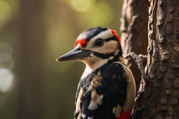 vertical closeup of a great spotted woodpecker on a tree under the sunlight with a blurry space