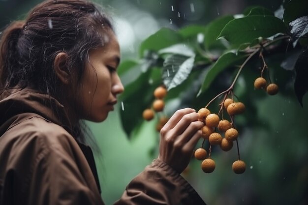 사진 비오는 날에 longan 나무 열매를 따는 여자의 수직 근접 촬영