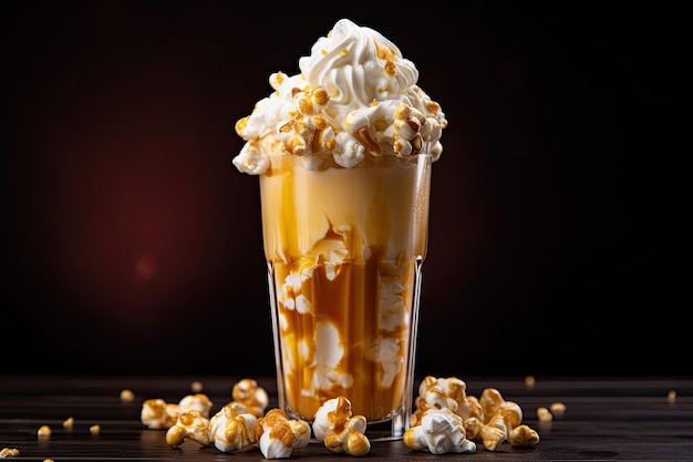 A vertical closeup photo showcases a banana and caramel milkshake adorned with whipped cream and po
