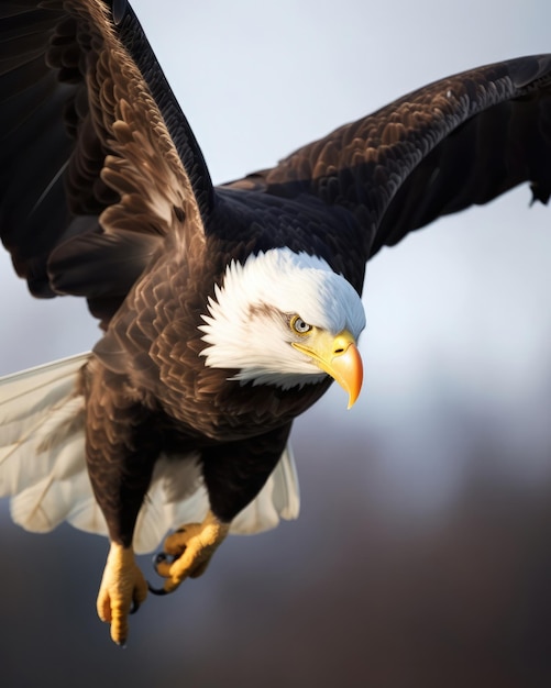 Photo vertical closeup shot of the bald eagle while flying