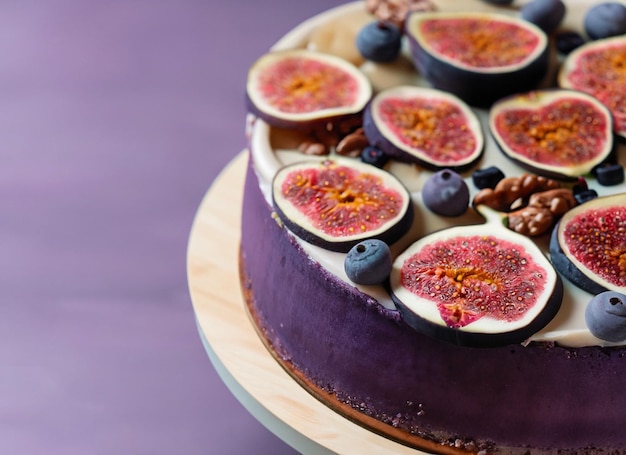 Vertical closeup shot of a beautiful purple cake with figs and copy space