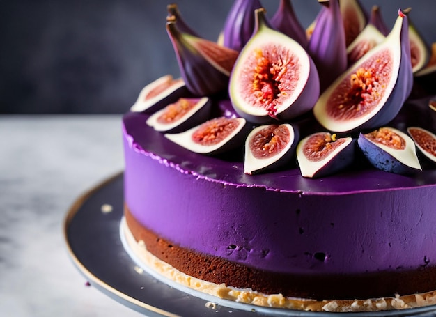 Vertical closeup shot of a beautiful purple cake with figs and copy space