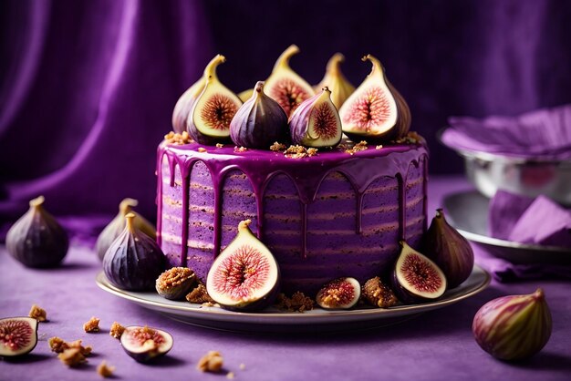 Photo vertical closeup shot of a beautiful purple cake with figs