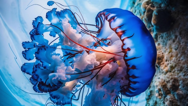 Vertical closeup shot of a blue jellyfish