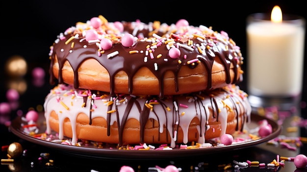 맛있는 도넛 초코 생일 케이크의 수직 클로즈업 샷