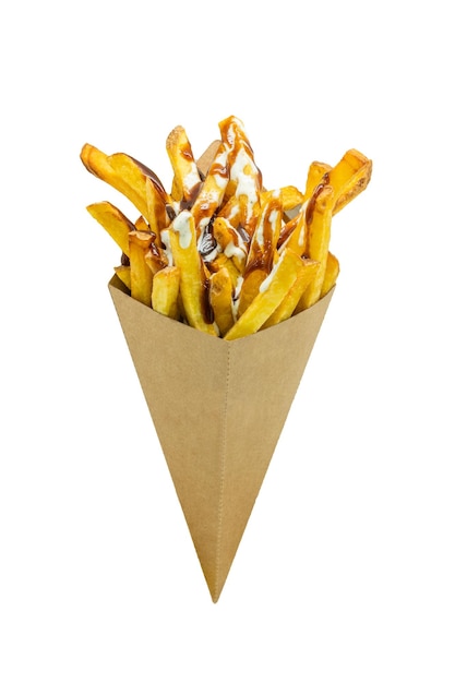 Vertical closeup shot of french fries with sauces in a cardboard cone isolated on a white background