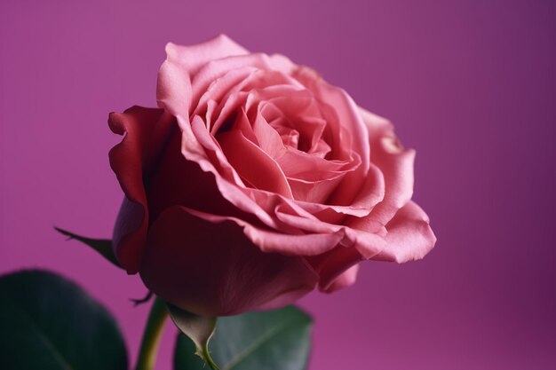 Vertical closeup shot of a single pink rose isolated on a purple background with copy space