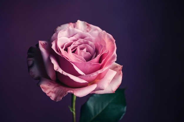 Vertical closeup shot of a single pink rose isolated on a purple background with copy space
