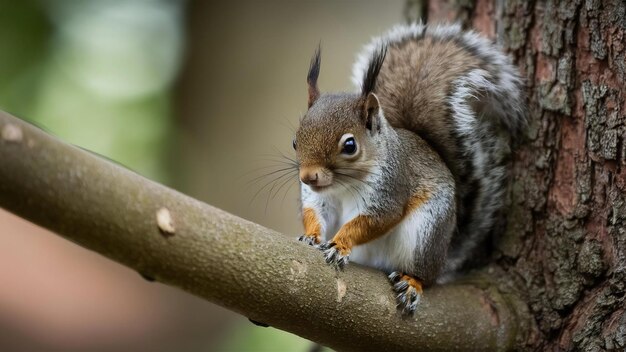 Photo vertical closuep shot of a cute little squirrel sitting on a tree branch with a blurred background