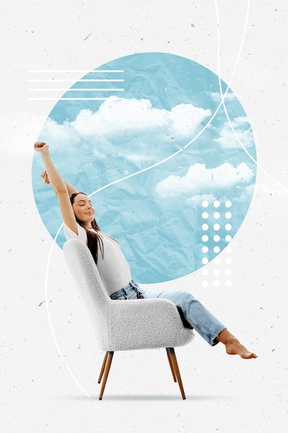 Vertical collage photo of happy girl sitting on chair isolated on white background