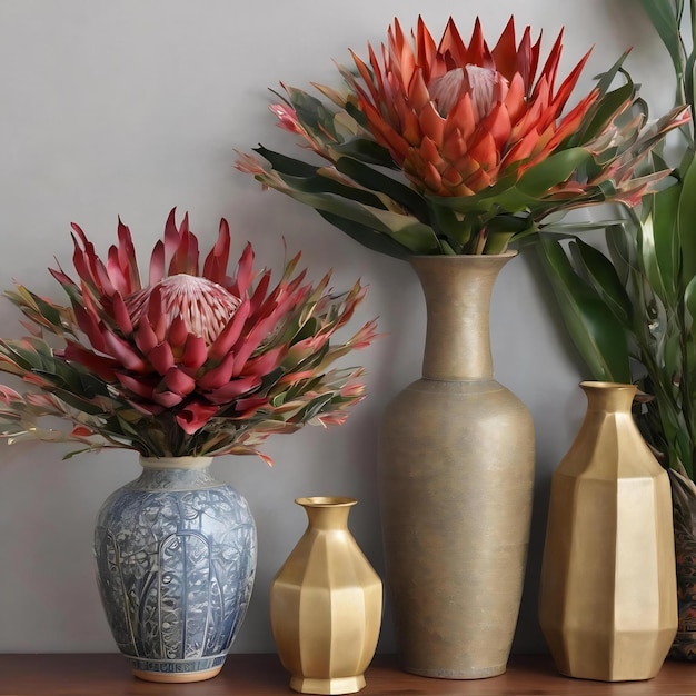 Vertical of decorative vases with protea and billbergia flowers with chinese folding fans