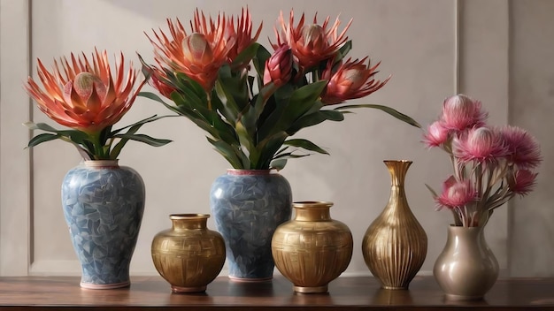 Vertical of decorative vases with protea and billbergia flowers with chinese folding fans