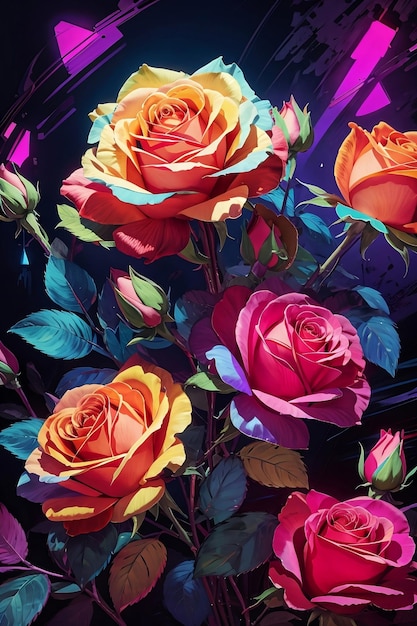 vertical digital art of a set of flowers with bright colors