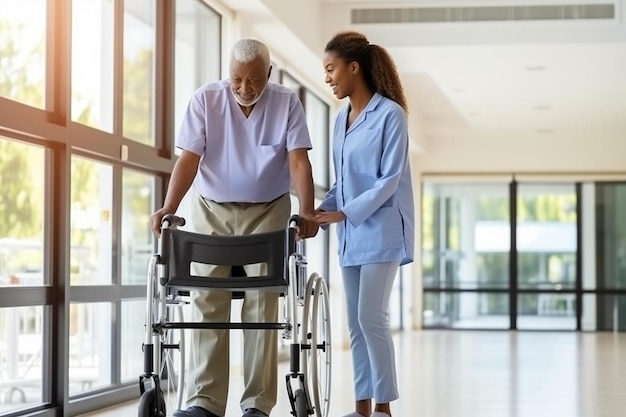 Foto verticale di diverse dottoresse che aiutano i pazienti anziani di sesso maschile a usare un telaio camminante copia ospedale spaziale