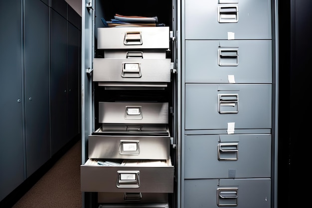 Vertical filing cabinet with neatly arranged files created with generative ai