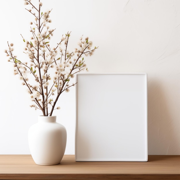 Photo vertical frame mockup standing on wooden table in living room interior with vase on white wall