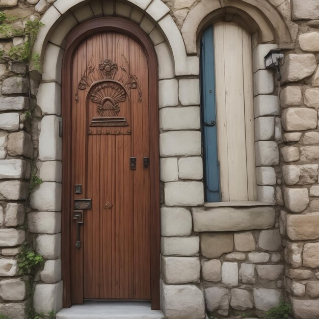 벽돌집의 수직 프레임 흰색 전면 및 차고 문