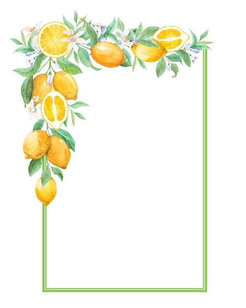 Foto cornice verticale con limoni illustrazione ad acquerello composizione in stile retro per invito a matrimonio biglietto di auguri limoncello modello di design dell'etichetta stile provenza mediterranea