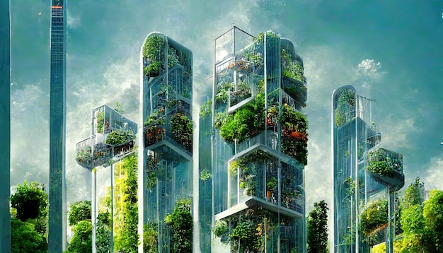 Vertical Garden on futuristic tall buildings city of tomorow environmental movement green energy and sustainable energyx9xA