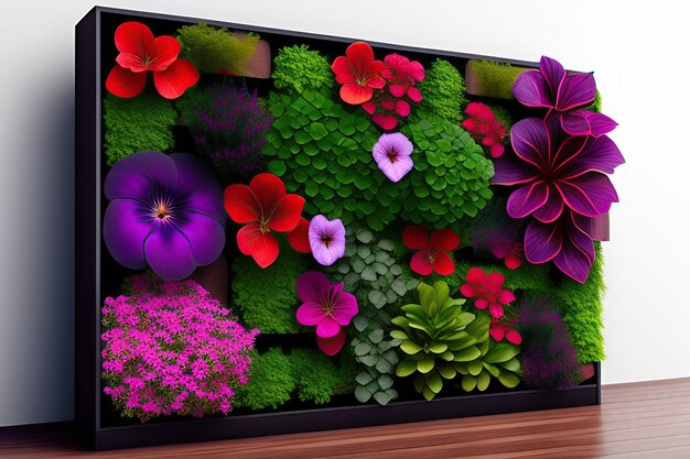 Vertical garden nature backdrop red and purple petunias flowering plant flowers and green leaves wa